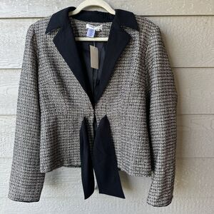 Coldwater Creek Beige/Black Tweed Blazer Dark Academia Chic Tie Front Jacket 8P